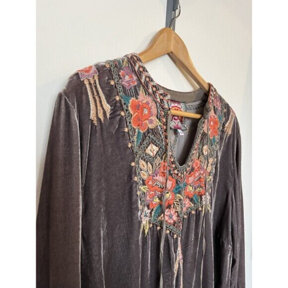 Johnny Was Gray Velvet Floral Embroidered Tunic Boho Mini Dress Size Large - Picture 3 of 8